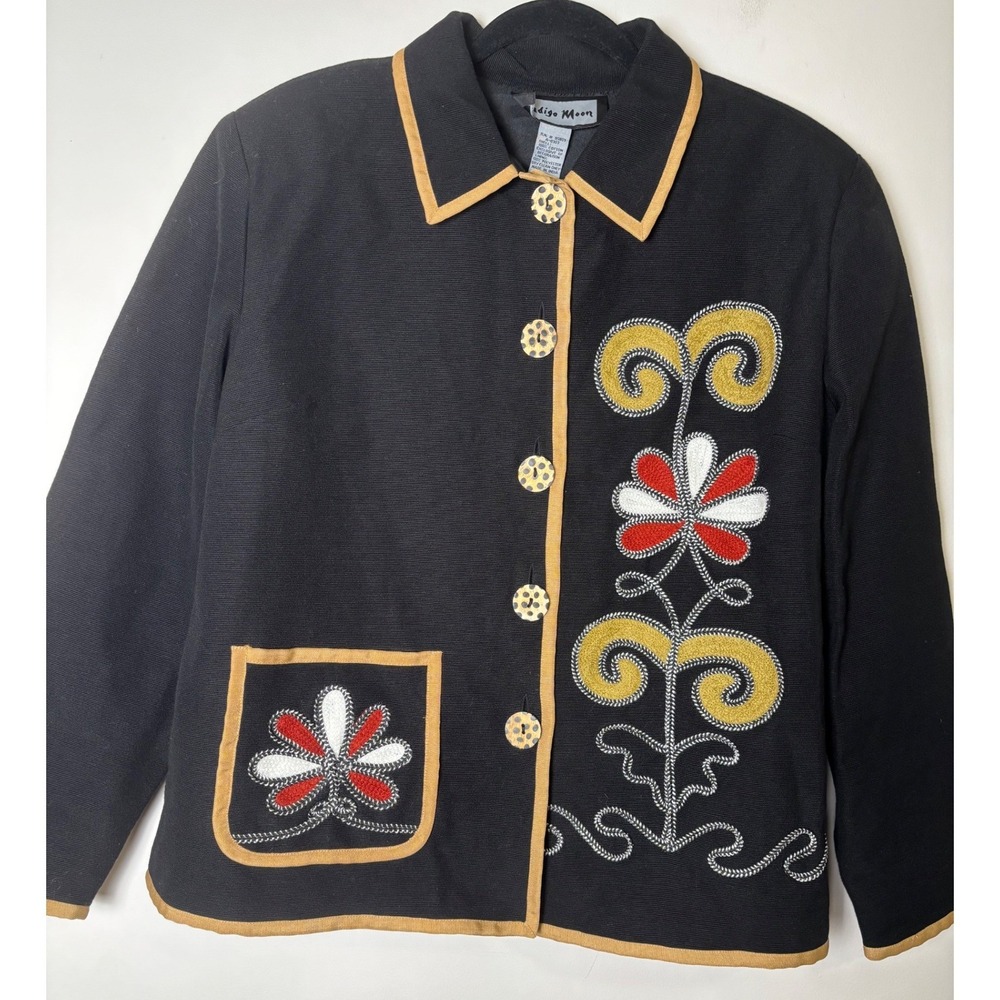 Indigo Moon Womens Cotton Embroidered Jacket L Art to Wear Vintage Eclectic